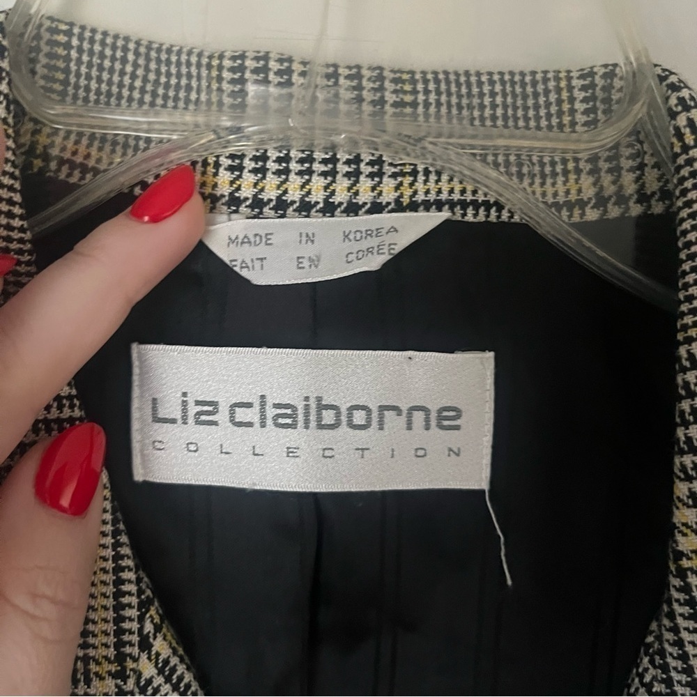 Vintage 90s Liz Claiborne Black White Yellow Houndstooth Plaid Blazer 6 - Picture 2 of 4